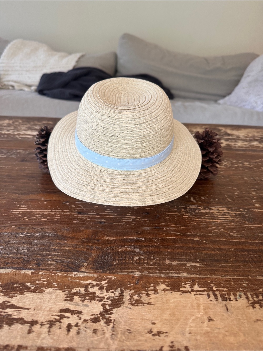 Gymboree Beige Straw Hat with Light Blue Ribbon
